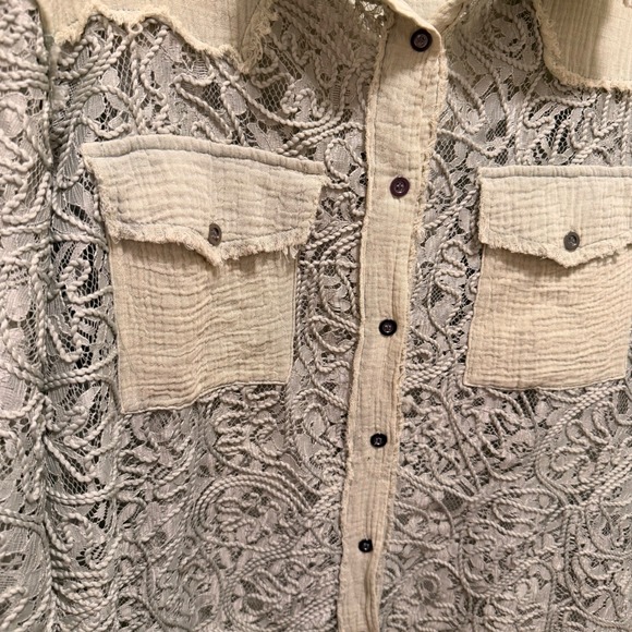 POL Lace Crochet Raw Hem Distressed Button Down Shirt Green Size S - Picture 3 of 14